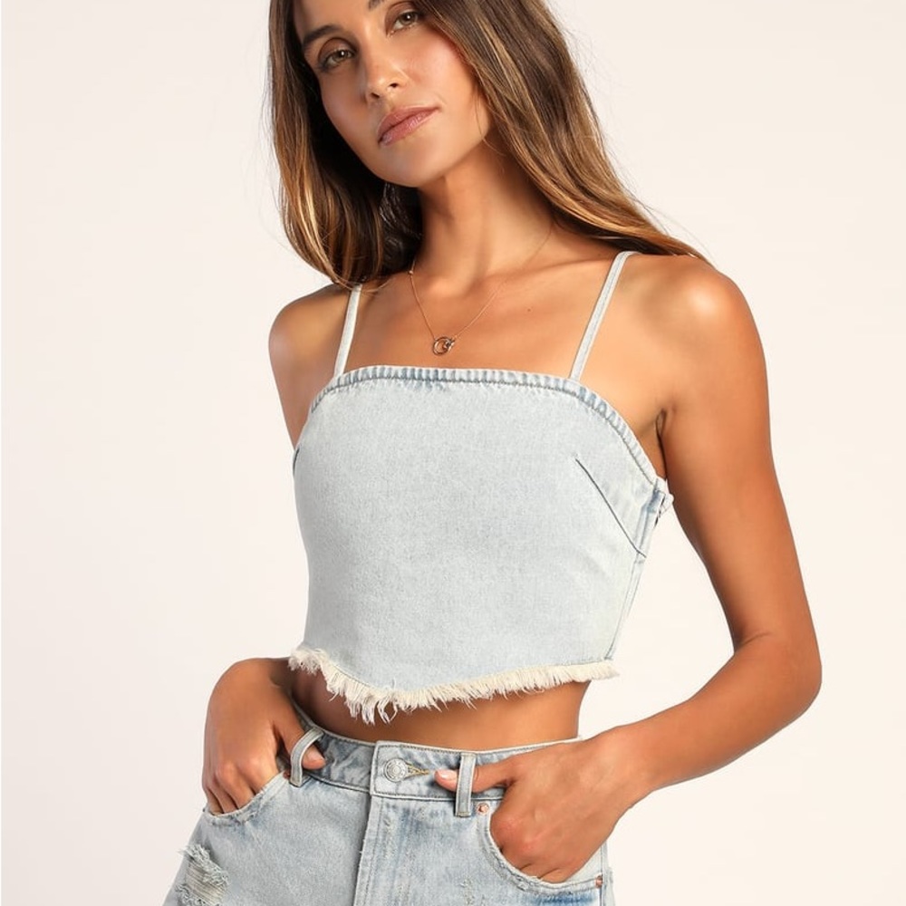 Young and Free Light Wash Denim Raw Hem Handkerchief Top